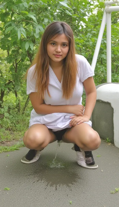 a beautiful girl squatting and (wetting herself:1.8). She is wearing Indonesia SMA uniform, short white skirt, facing the camera. No skirt. (full body picture:1.5). Pooping herself. 