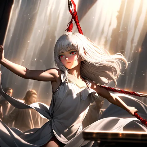 Red eyes white hair cute   hold spear  small  short hair