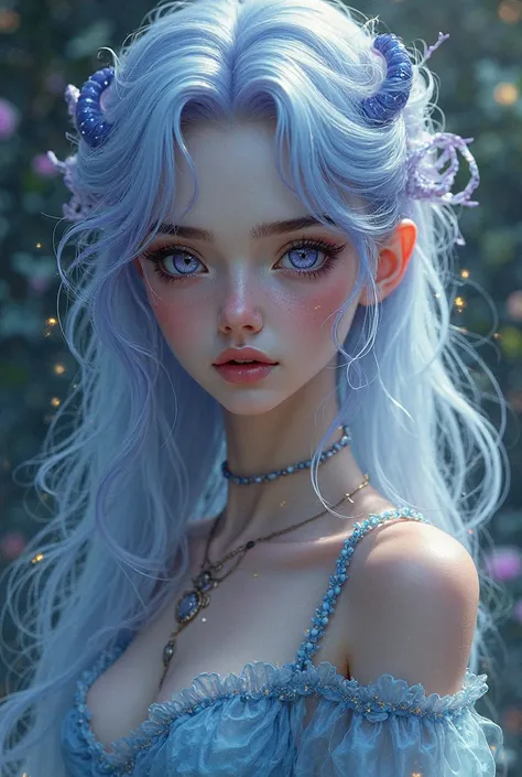 Girl with Light Blue, Lavender and Ice Blonde Hair. Siren eyes are mix of dark purple and midnight blue with hints of golden