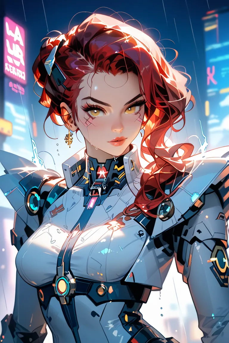 “A breathtakingly beautiful woman with a perfect, athletic physique stands confidently in a dystopian futuristic cityscape. She wears an ultra-detailed suit of armor that blends steampunk and cyberpunk aesthetics, adorned with intricate metallic plating, n...