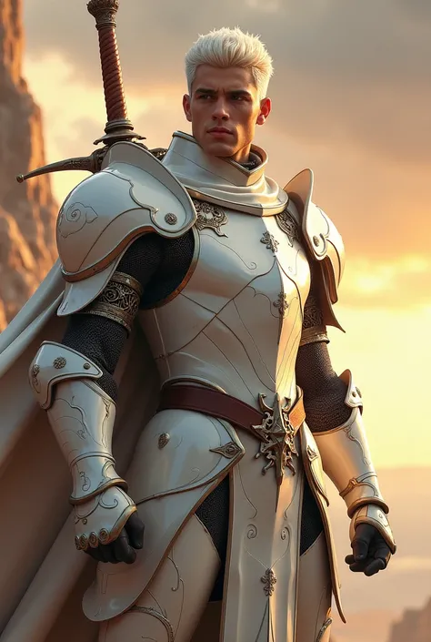 a Tall boy with white hair in a shining white armour with blond eyes and a great blade size of his own body behind his back 