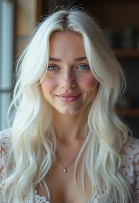 beautiful russian girl, white hair, smile