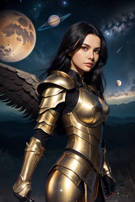 1 girl, dark angel, giant wings in back, cute face, perfect face, beauty face, very black long hair, silver and gold armor, Celestial glow armor, sword on hands, attack position, front pose, focus eyes, Looking at the sky, shine sky, stars, planets, galaxy