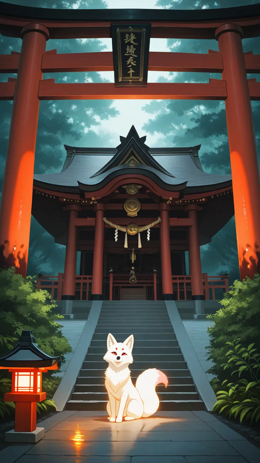 small ninetailedfox,white,animal,Japan,sacred shrine,red Torii,red eye,cool