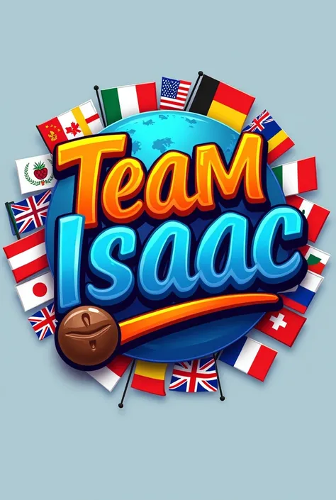 create a logo for the word TEAM ISAAC in graffiti style in gradient orange and blue colors and next to it a chocolate emogi
And in the background that this are the flags of the following 