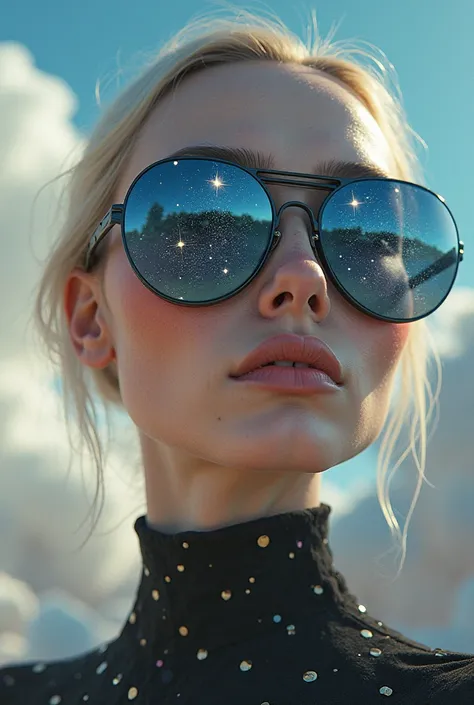 The model is wearing glass sunglasses with stars and the moon on the glass