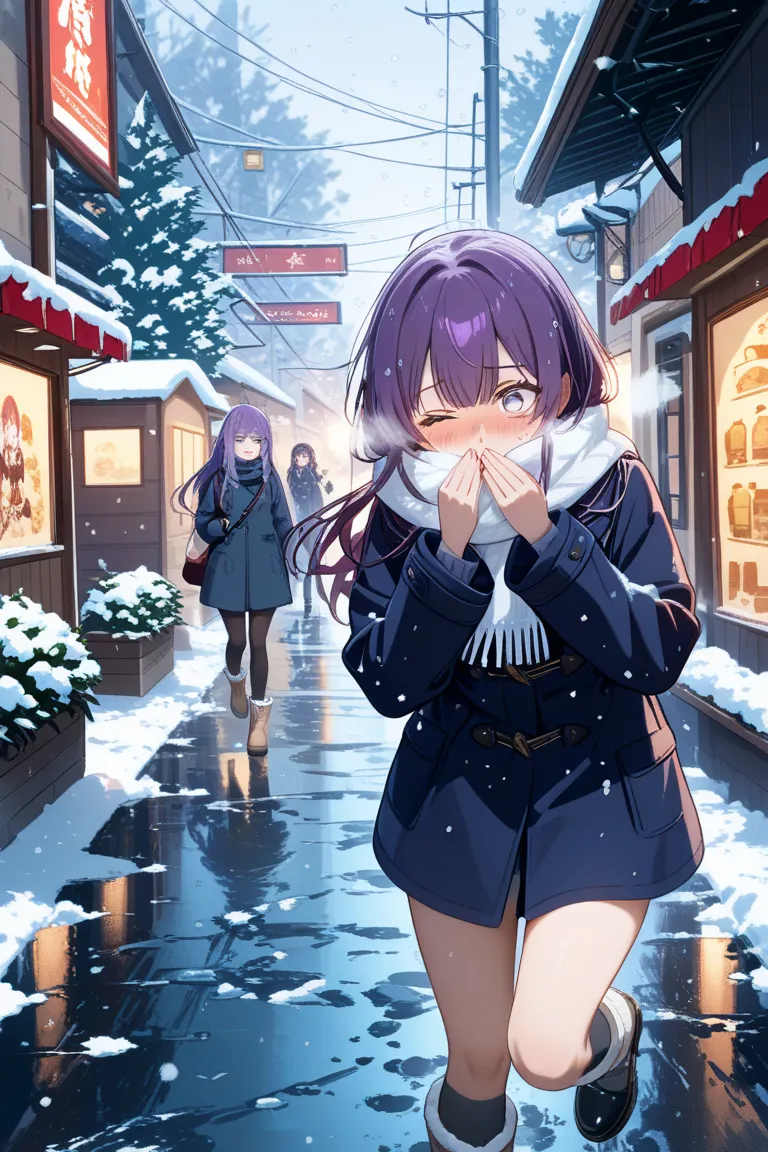 girl shivering in the cold in the snow、 above him、 station platform、Navy coat 、white scarf、 distribution screen for VTuber、is raising one leg、Hands in front of mouth、 in the sun's nature、 Tokonami Towa、Hololive、 purple hair、Covered in snow、is cold and one ...