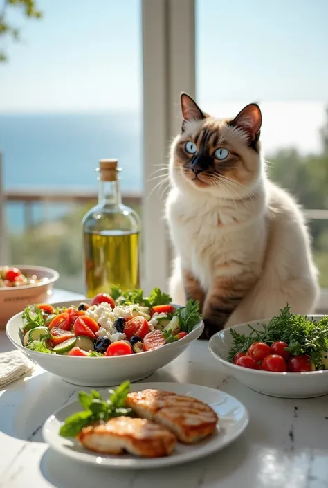 Mediterranean cuisine — Light and healthy dishes
In a bright kitchen with large windows and an ocean view, the Siamese chef cat is preparing a refreshing Mediterranean salad. It mixes cherry tomatoes,  black olives , feta cheese and cucumbers in a large bo...