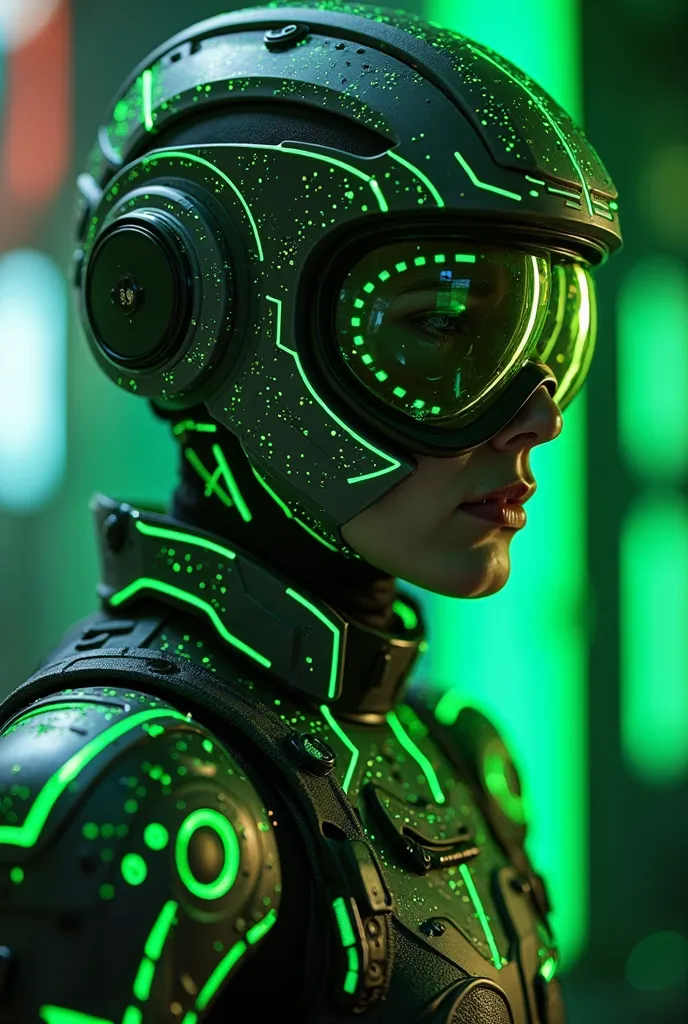 a close up of a person in a green and black outfit, a hologram inspired by Android Jones, reddit, futurism, in a dark space mercenary outfit, neon armor, laserpunk fullbodysuit, sleek glowing armor, roblox avatar, cyber suit, green colored skin!!, goth cyb...