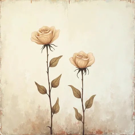  abstract painting、 Acrylic Painting 、Tall paint style、A slightly smaller rose flower that looks like it's floating slightly is standing in the middle、The rose flower is real、(rose flowers and background are light brown)、(rose flowers stand straight)、Two r...