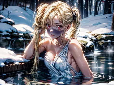  masterpiece,is best,high resolution,Perfect light and shadow,8k wallpaper,illustration, ray tracing,A cute girl,Blond Haired,Side Ponytail,red eyes,hot spring,snow,I'm not wearing clothes, but my body is wrapped in a towel, exposed shoulders 