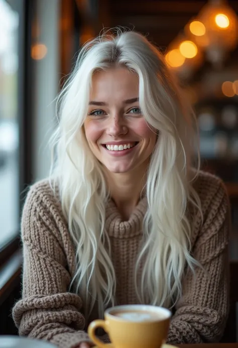 beautiful russian girl, white hair, smile, He's sitting in a cafe