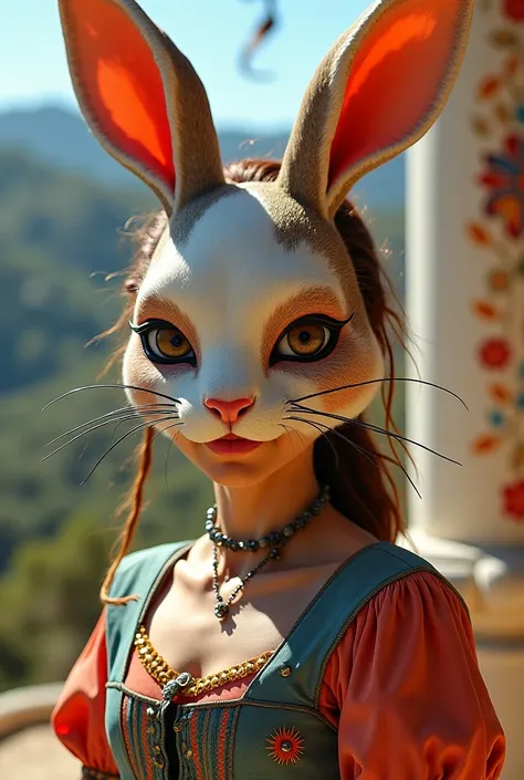 woman with brown and red hair,From Spanish fractions,medium build and disguised as a bunny wearing a bunny mask 