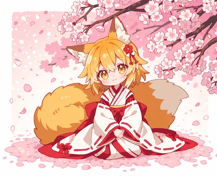 A cute and cozy werewolf fox with long fluffy light reddish fur, large fox ears and fluffy tails, dressed in a traditional white kimono with red stripes. Her golden eyes, figure and soft smile create the image of a gentle and caring companion. Cherry bloss...