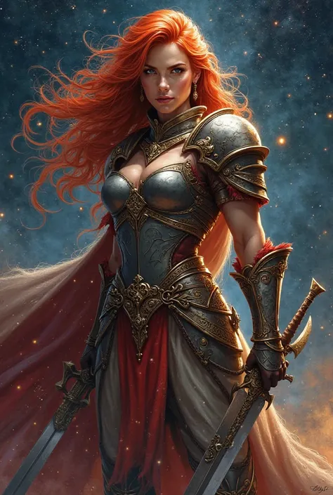 The zodiac sign is a lion if you were a red-haired warrior girl in the background of the night full face 