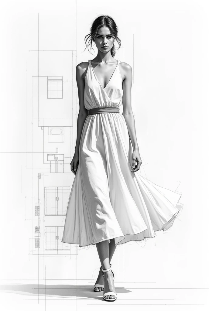 GIVE ME A SKETCH FASHION SKETCH Highly detailed black and white FASHION SKETCH Modern FASHION STYLIST, MODEL IN FRONT POSITION presenting a contemporary, elegant and minimalist FASHION SKETCH. The sketch combines photorealistic shading with technical drawi...