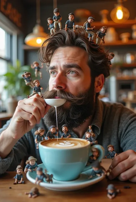 A bearded man sipping coffee from a giant cup, while tiny baristas are working inside the cup, brewing espresso, steaming milk, and adding latte art. Some are hanging from his mustache like ropes, while others are grinding coffee beans on his shoulders. Th...