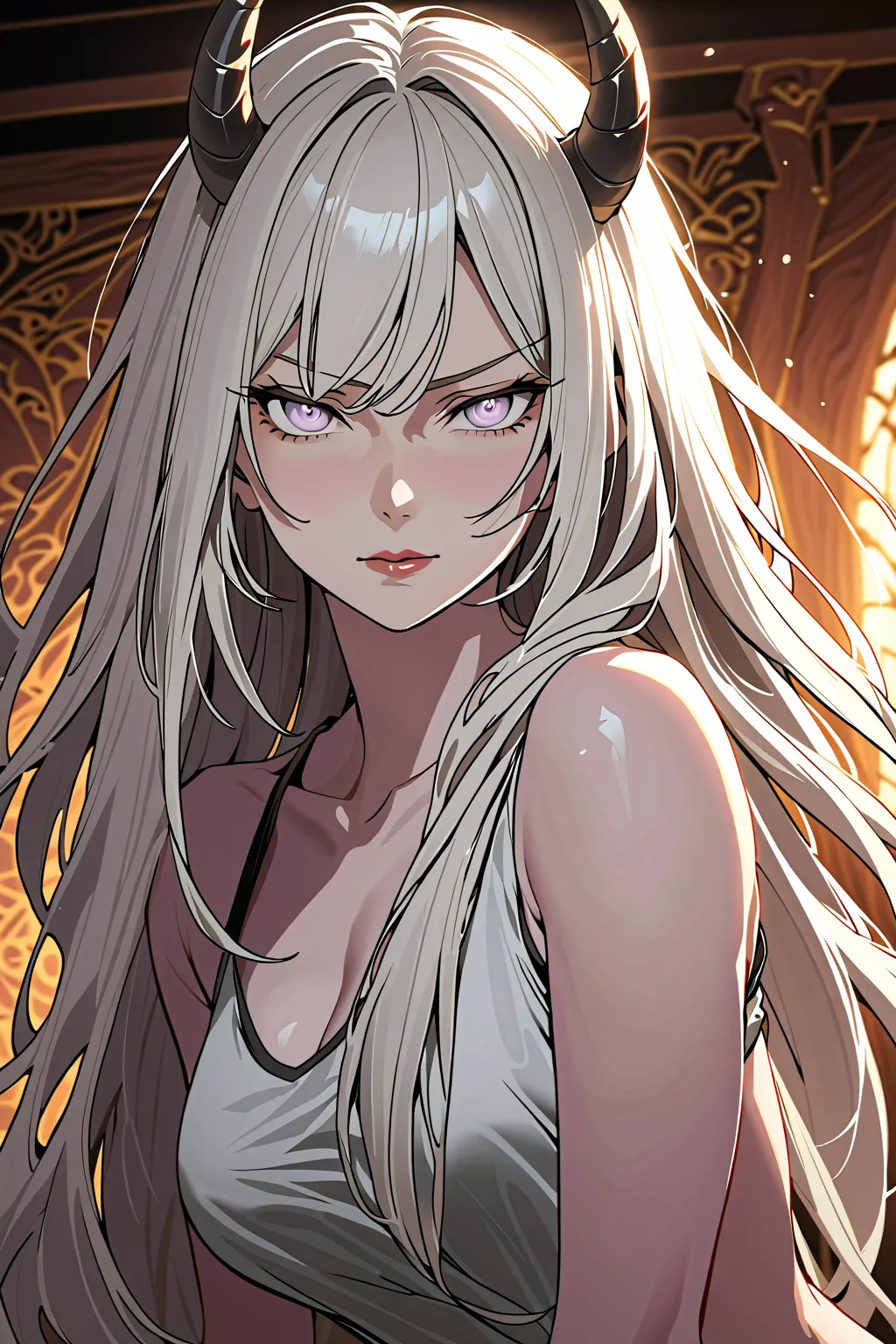 front view,
1girl,mature female,milf,looking at viewer,
Best quality,masterpiece,soft light,official art,high quality,highres,absurdres,epic scene,natural textures,ootsutsuki ,pale skin,hikimayu,long hair,white hair,horns,lipstick,white eyes,no pupils,