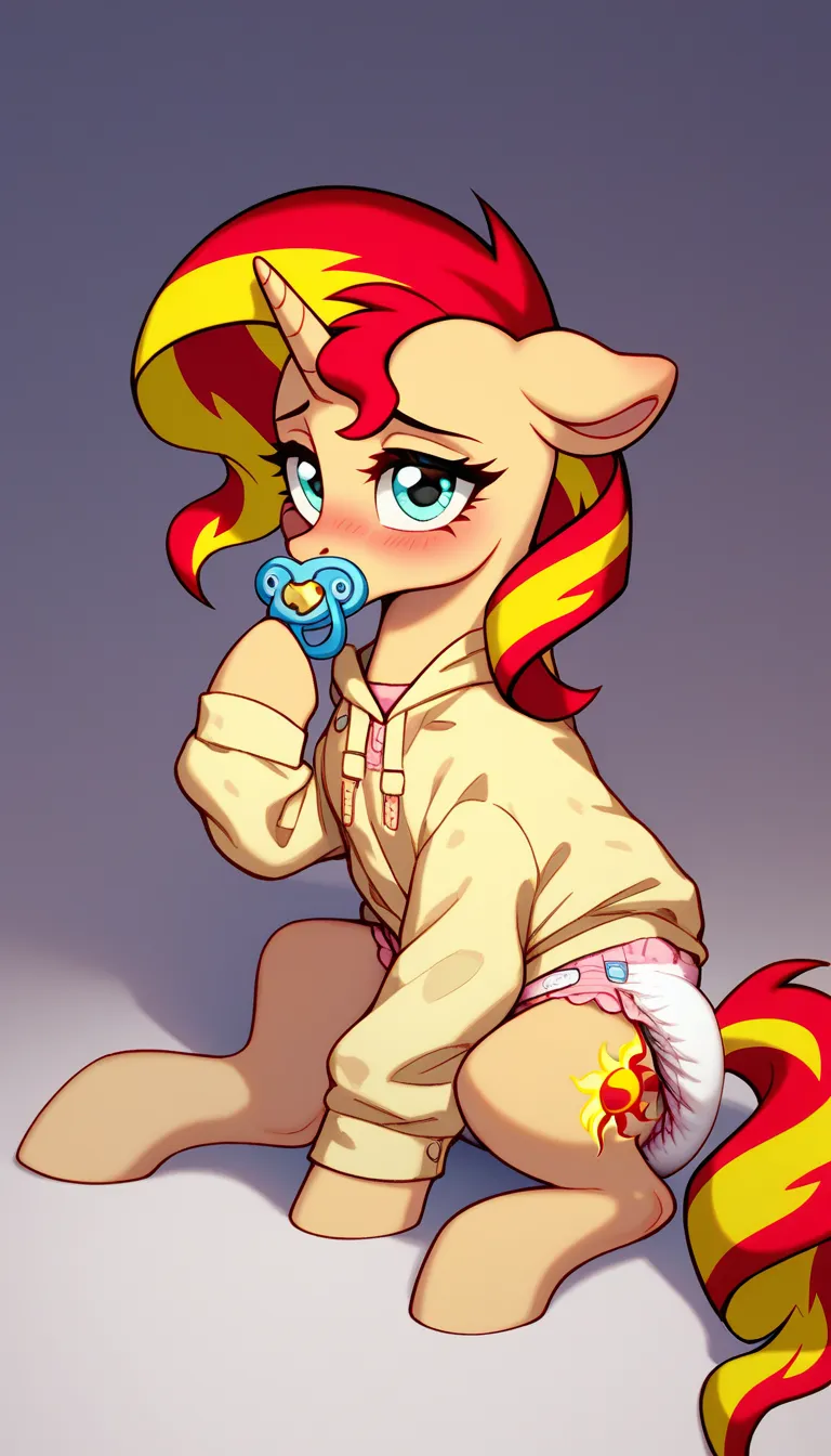 pony unicorn alone , Sunset Shimmer, adult mare, red mane with a yellow strand, mint eyes , sitting on the carpet, red tail with a yellow strand, pacifier in the mouth, dressed in a light pink onesie and a thick soft pink diaper under her clothes, disturba...