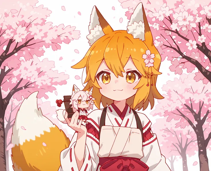 A cute and cozy werewolf fox with long fluffy light reddish fur, large fox ears and fluffy tails, dressed in a traditional white kimono with red stripes. Her golden eyes, figure and soft smile create the image of a gentle and caring companion. Cherry bloss...