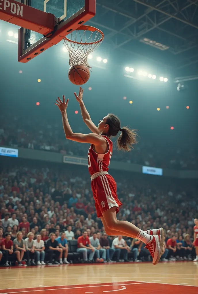 Create a realistic photograph of a real moment where a  girl emerges from the bleachers of a basketball court, snatching the ball and sprinting towards the basket and leaping into the air and dunking the ball in the basket. abnormal huge jump.. to make a s...