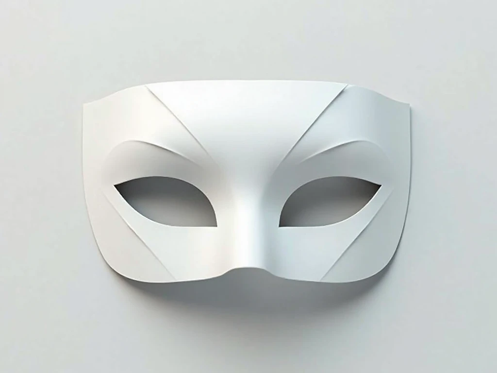 A minimalist white half-mask with sharp edges and a modern design. The mask covers the eyes only, with clean lines and geometric shapes that give it a sleek and sophisticated look. The surface is smooth and glossy, reflecting light subtly. The simplicity o...