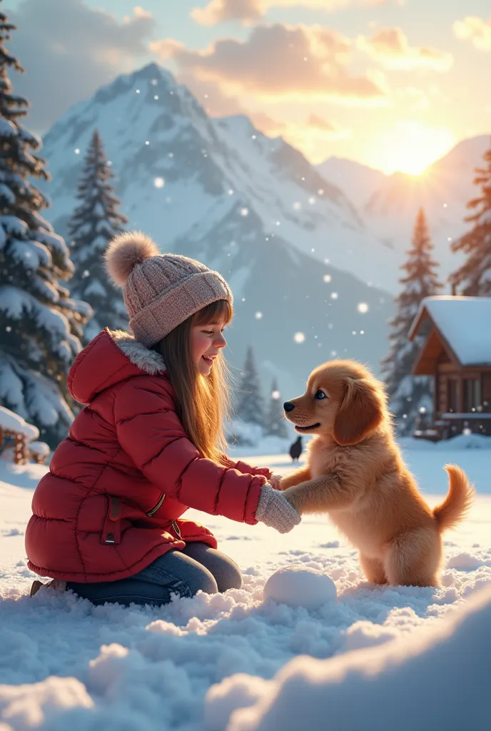 Ultra-detailed, photorealistic, 4K resolution, cinematic scene of a joyful young girl with a fluffy golden retriever puppy playing in a serene snowy mountain landscape. The girl (early 20s, rosy cheeks, wearing a cozy red puffer jacket, knit beanie, and mi...