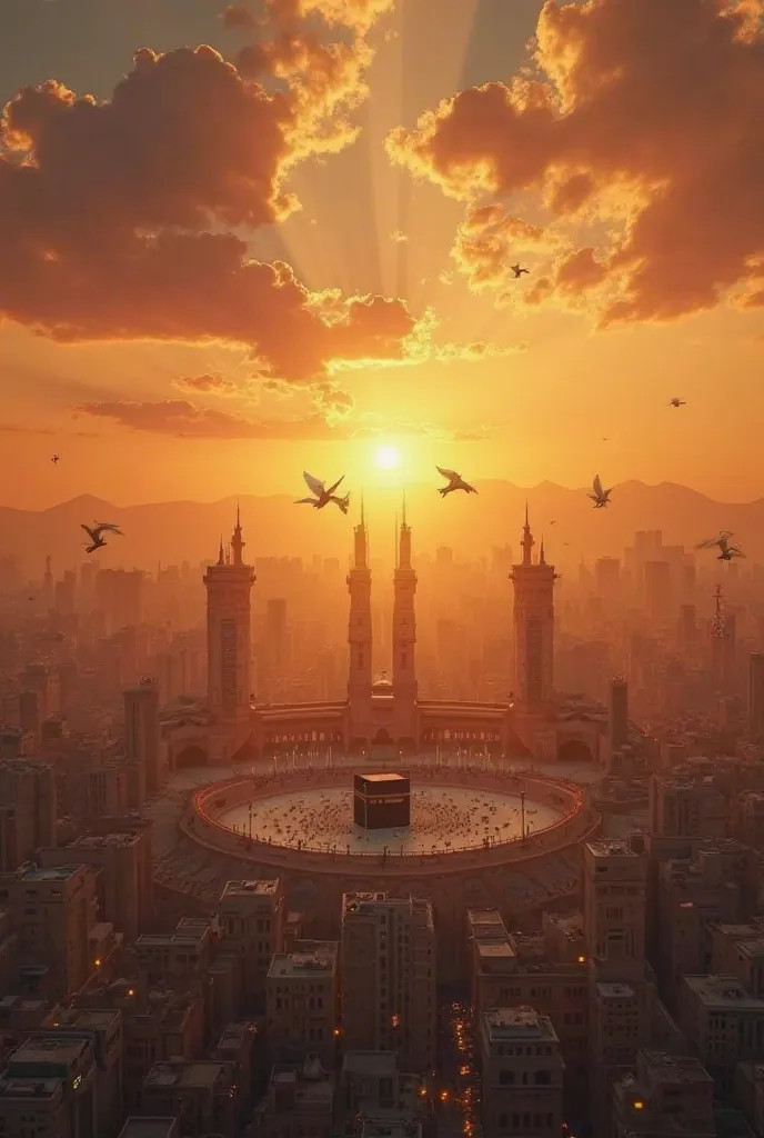 A serene and magnificent view of the city of Mecca at sunset, in the background of which the Kaaba is visible and angels descending upon the heads of Muslims, as a symbol of divine support in their victories