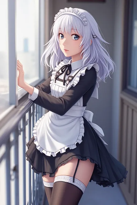 ( ultra real ), (figure), (High Resolution), (8k), ( very detailed), (Best figure), ( precise and beautiful eyes), (Highest quality), ( super detailed), (masterpiece), (wallpaper), (detailed faces), alone, one girl,  Wavy White Hair ,  Japanese, maid cloth...