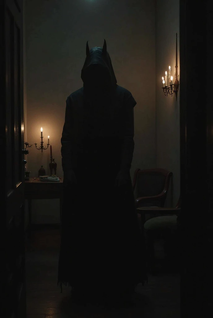 A dark, mysterious photo showing a tall, dark shadow figure standing in a dimly lit room. The figure is in the shape of a man, but no details are visible; just a black silhouette with sharp, elongated features. The room is sparsely furnished, with flickeri...