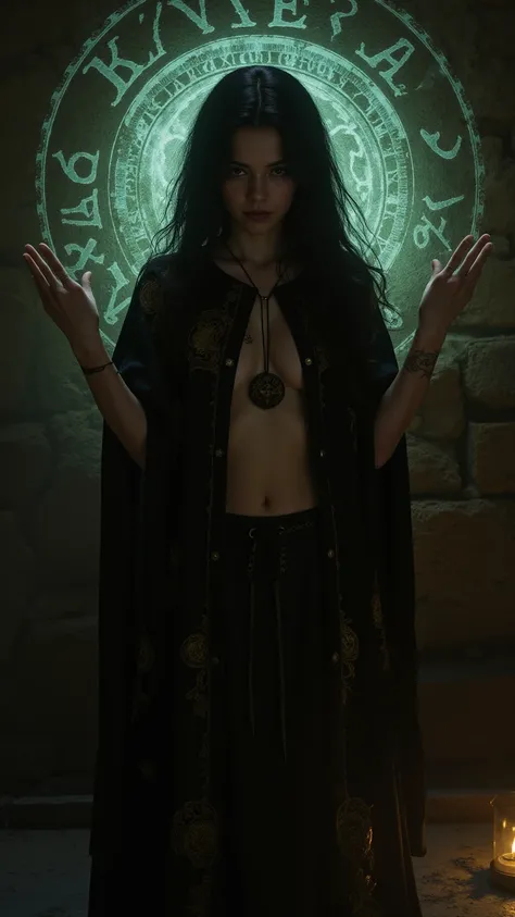 angle: Over-the-Shoulder — Silhouette projected against a circle of glowing runes, creating a mystical and menacing aura)

Sylarion wears a black cloak embroidered with ancient symbols, every seam imbued with forbidden spells. Her skin is livid,  almost tr...