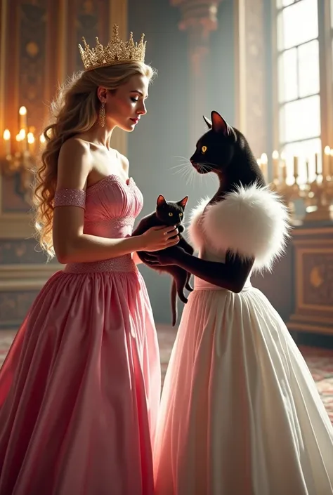 Aik khubsurat white cat queen wearing pink  valvet dress with gold crown standing in her big castle big room and giving the black baby cat to black queen cat wearing white velvet dress
 