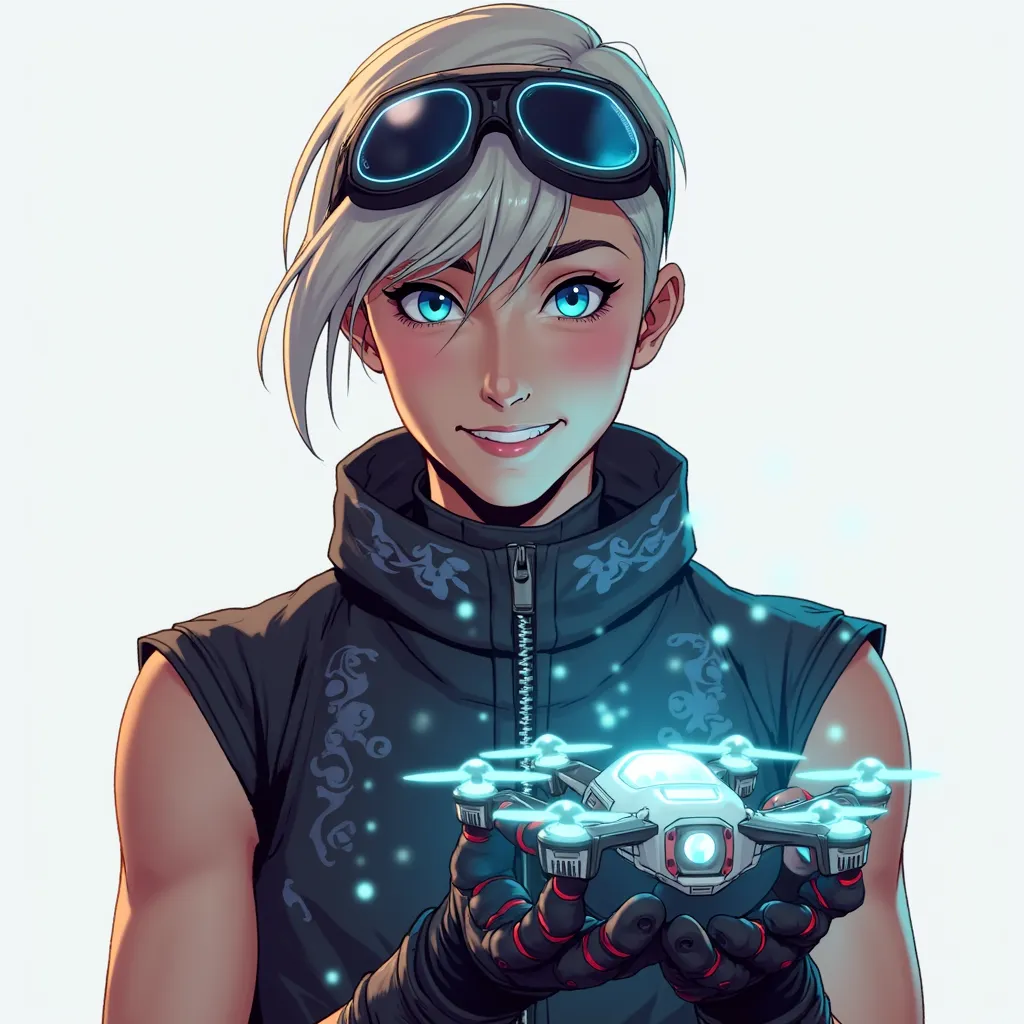 A futuristic DIY creator with sleek, short hair and high-tech goggles resting on their forehead. They wear a dark, stylish vest with glowing patterns, and their gloved hands hold a tiny, floating, handmade drone emitting soft blue lights. They have a confi...