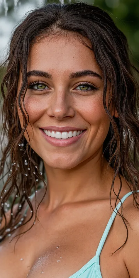 (((Full body:1.6))) Hyper realistic eye level exterior photo Create a photorealistic, healthy female model in her early 20s. Water cascades onto her hair and face, leaving glistening droplets and streams elegantly flowing down her skin. She wears a subtle...