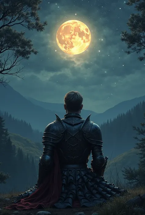 We watched a gentleman sitting on his back, with full dark armor covering up to his head, contemplating in a beautiful landscape a very highlighted and beautiful night sky (Dark fantasy style)