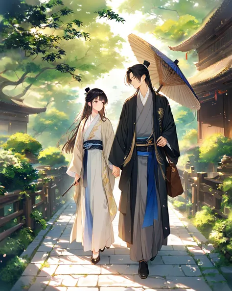 A romantic and tranquil ancient Chinese scene in a peaceful traditional village. A handsome young man with long black hair, tied in a half-up style, wearing an elegant dark gray traditional hanfu with intricate gold embroidery, holding a paper umbrella. Be...