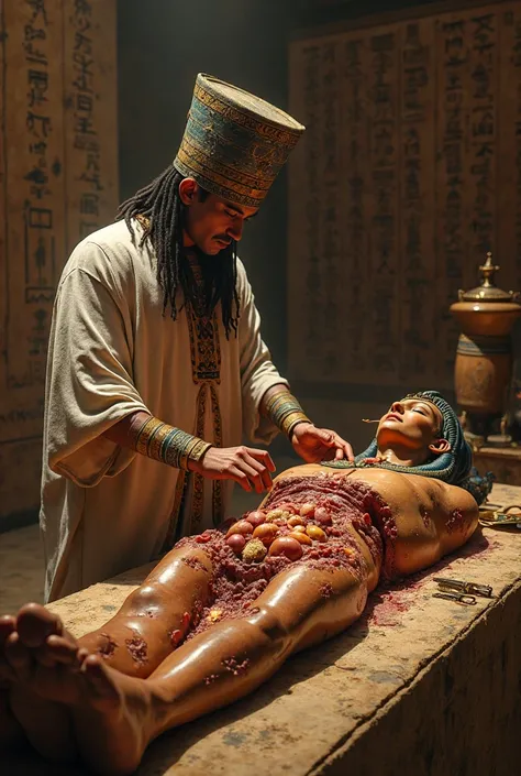 Create me a realistic image of ancient Egypt showing how they extract embalmers extracted organs directly from the body of a deceased. 