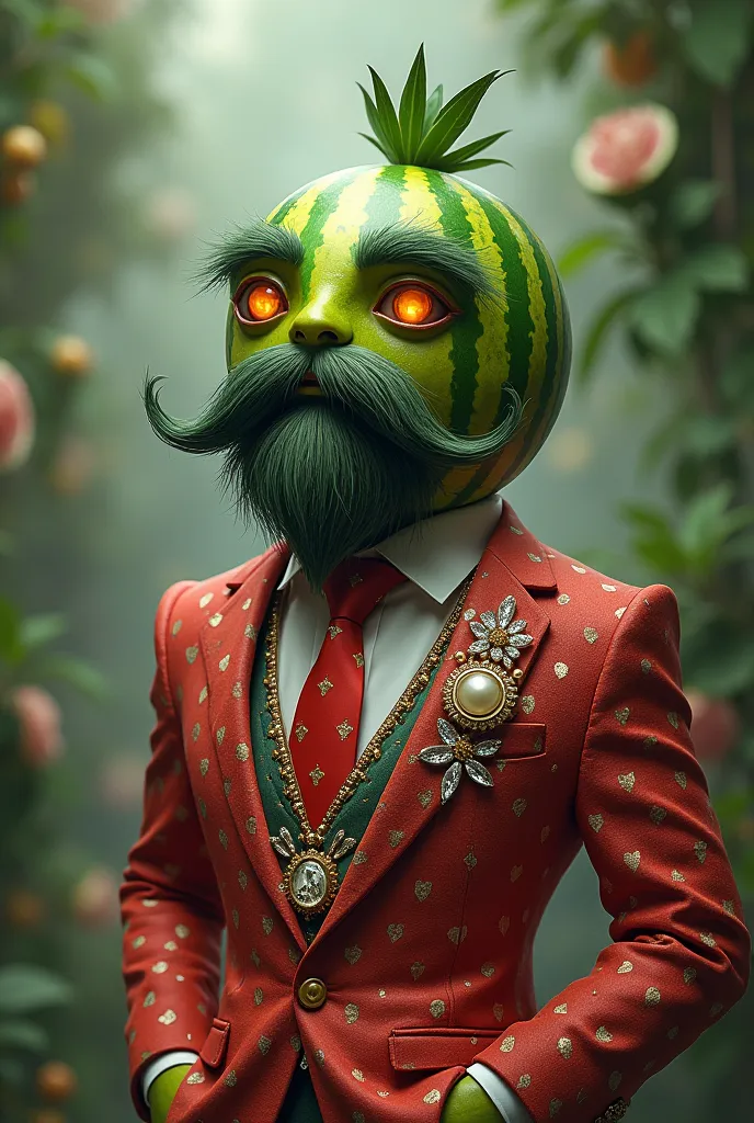 Draw me a watermelon wearing a patterned suit wearing a bearded beard and wearing some fancy jewelry
