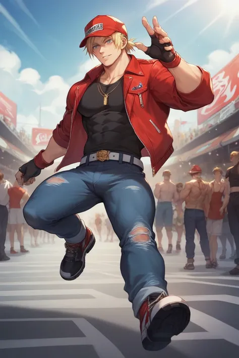 (masterpiece, Highest quality), (1Man\Terry Bogard\ (Garou Legend, Fatal furry). a muscular BLONDE in his 28, exuding strength and confidence. He wears a fitted BALCK LEATHER jacket(THERES A 2 RED STRIPES ON BOTH SLEEVES). HE hAS A BALCK trucker CAP. Under...