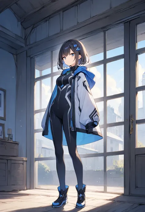  1 girl, white and black full body bodysuit,  big jacket, standing, Complicated clothes,, A familiar face, window, day、black short hair、Light blue hairpin、