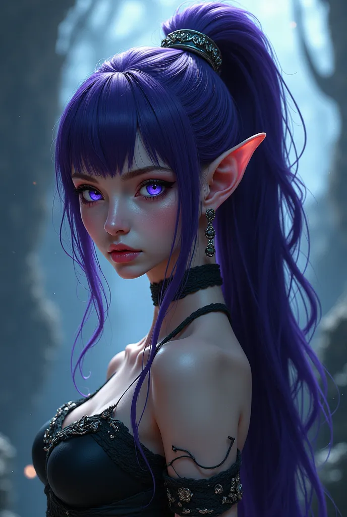 boy with Siren Eyes, Elf Ears and Long Dark Purple Hair tied in a high ponytail 