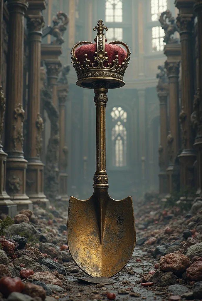 A spade with a crown referring to the monarchy, Crossing a church in half, And killing the population 