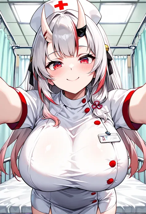 (Highest quality , 8k , masterpiece , incredibly absurdres , perfect body , super detailed skin , highly detailed eyes and face , 1 woman ) ,  nakiri ayame , Silver Hair , red eyes , demon horn , smile ,  will be happy , ( nurse cosplay , infirmary : 1.2 )...