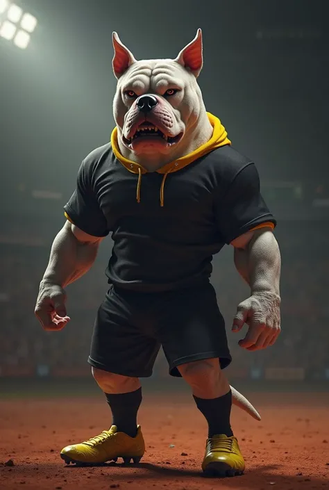 "A football mascot represented by an extremely angry Pit Bull dog, in realistic 3D style. He is taking a selfie, in black shorts, yellow cleats and black socks, is on a clay football field. The Pit Bull has well-defined muscles, cropped ears and an intimid...