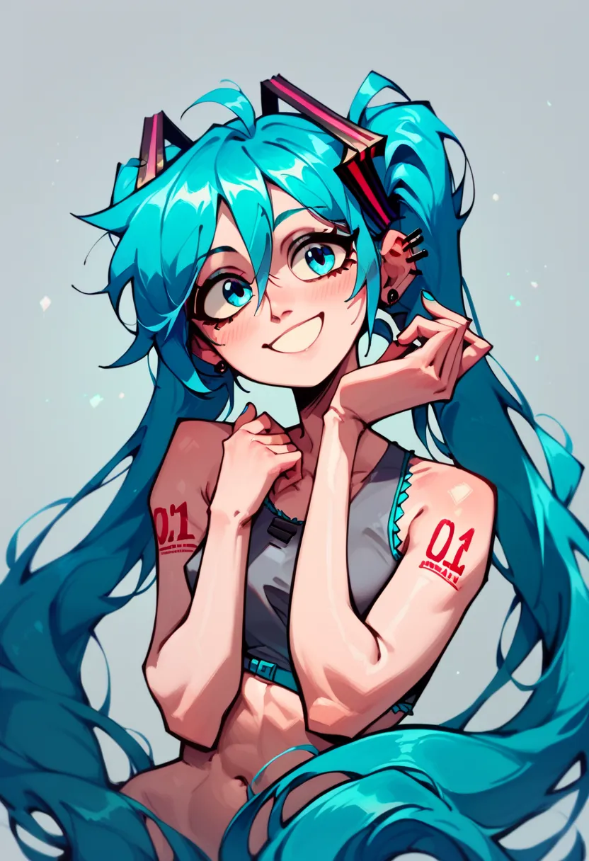 source_9, source_8_up, source_7_up, 1girl, valbun, hatsune miku,long twintail,blue eyes, stud earrings, ear piercing, smile, happy, looking at viewer, crop top,nude,nsfw