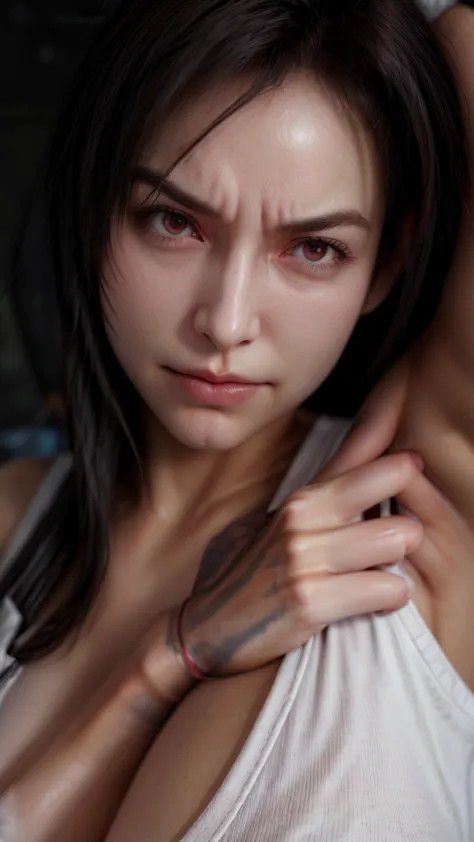 {left armpit close-up},masterpiece, best quality, tifa lockhart, red eyes, (white crop top, suspenders:1.2), (left arm up,arm up close-up shot:1.5,under arm close-up shot:1.5) ,(looking at viewer:1.5),(Frown, :1.3), smile, upper body, outdoor,night back al...