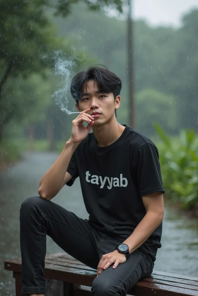 3RD PROMPT :- realistic korean  cute boy sitting with bench and holding cigarette with smoking back side raining a street, the boy is wearing black t shirt written bold name “tayyab”, boy looking at camera, watch, stylish hair, shoes, background big road r...