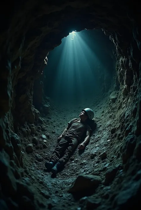 Deep inside a dark and claustrophobic cave, a young caver lies motionless, trapped forever in an impossibly tight passage. His helmet light has faded, and the cold, unforgiving rock surrounds him like a stone coffin. The air is still, silent, and filled wi...