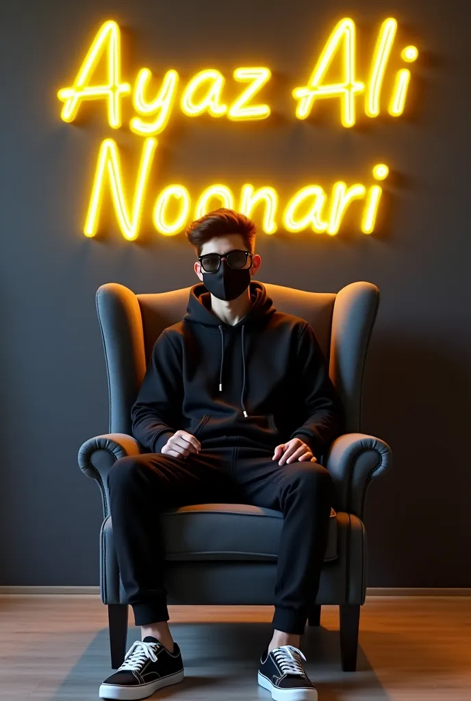 Create a 3D illusion for a profile picture where a 25 Year old cute boy in a black hoodie Sitting casually on a Wingback chair. Wearing sneakers, with black mask, and sunglasses, he looks ahead. The background features “Ayaz Ali Noonari” in big and capital...