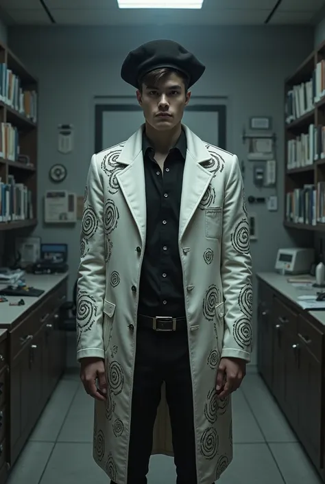 Young adult Western man wearing a white coat decorated with spirals, a black shirt underneath and a black beret in a psychiatric office at night